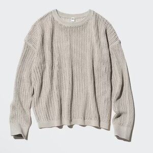 NWT Uniqlo Open Knit Fisherman Mesh Long-Sleeve Crew Neck Linen Blend Sweater L